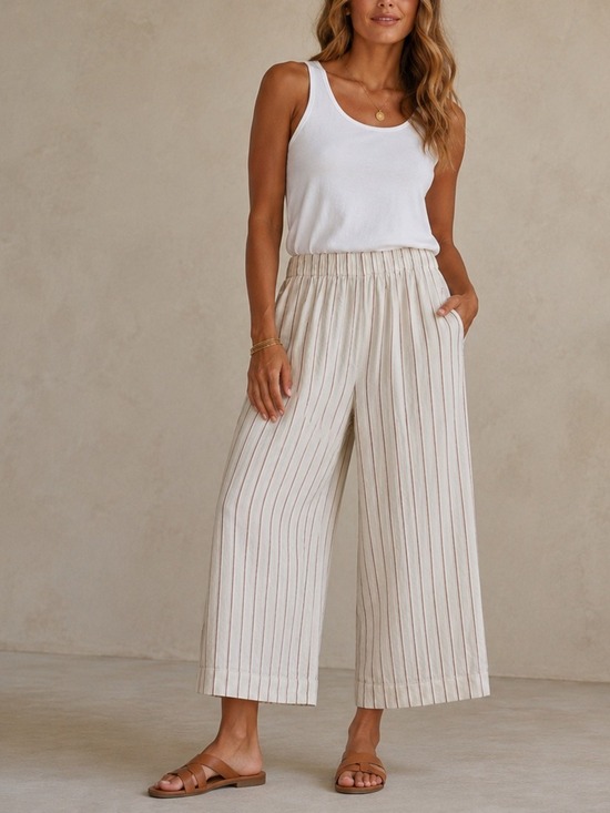 J. Jill Pants - J. Jill Stretch Linen Cream Pink Stripe Wide Leg Crop Pants Pockets size medium